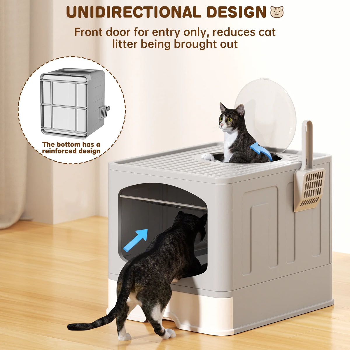 Large Foldable Cat Litter Box with Scoop, Front Entry Top Exit Cat Litter Pan with Lid, Enclosed Anti-Splashing Kitty Litter Box, Drawer Type Cat Litter Easy Cleaning and Scoop, Gray